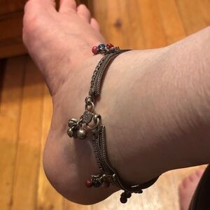 Vintage Ethnic Indian Style Silver Charm Anklet with Hanging Colorful Beads